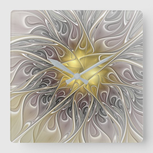 Relógio Quadrado Flourish com a flor abstrata moderna Dourado do (Frente)