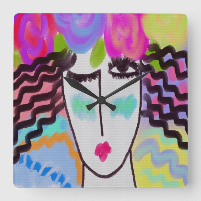 Relógio Quadrado Flowers in Her Hair Abstract Art Square Wall Clock (Frente)