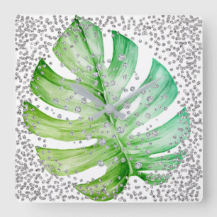 Relógio Quadrado Folha branca de Monstera dos cristais do diamante