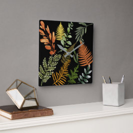 Relógio Quadrado Folhagem Botânica Fern Escura Colorida Floral
