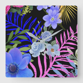 Relógio Quadrado Folhagem Botânica Fern Retro Floral Colorida
