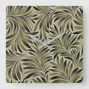Relógio Quadrado Folhas Artísticas Em Cor Cinza Verde Baço Kkaki