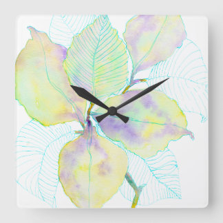 Relógio Quadrado Folhas Botânicas em Aquarela Amarelo Verde Pastel