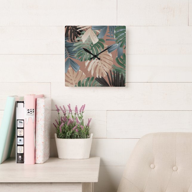 Relógio Quadrado Folhas da Selva Tropical Monstera 2 (Sala de leitura)