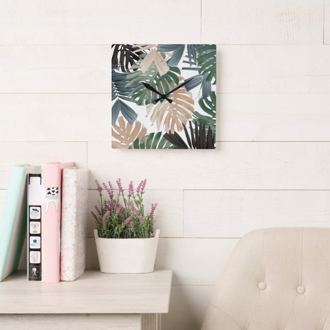 Relógio Quadrado Folhas da Selva Tropical Monstera 3 (Sala de leitura)
