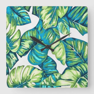 Relógio Quadrado Folhas de Monstera Tropical e Azul-Banana