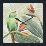 Relógio Quadrado Folhas de Palma com Pássaro Verde<br><div class="desc">Palm Sai Com Artista De Aves Verdes: Grace Popp| ID da imagem: 157018GG</div>