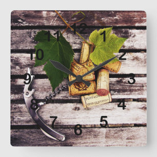 Relógio Quadrado Folhas de uvas, rolhas de garrafas de vinho e saca
