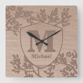 Relógio Quadrado Folhas gravadas de madeira nome monograma