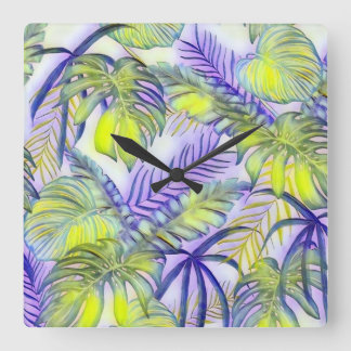Relógio Quadrado Folhas tropicais grandes coloridas pintura aquosa