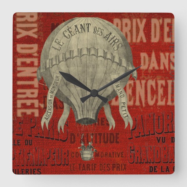 Relógio Quadrado Fontes Gráficas de Ballon de Ar Quente Steampunk e (Frente)