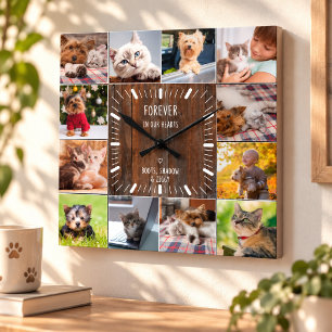 Relógio Quadrado Forever in our Hearts Pet Keepsake Photo Collage