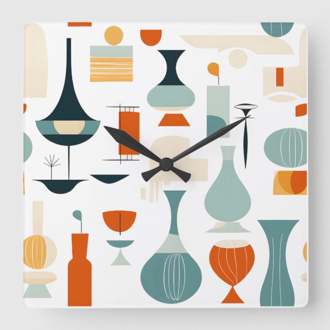 Relógio Quadrado Forma Vase Moderna do meio século em Branco (Frente)