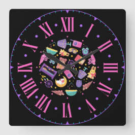 Relógio Quadrado Formas de Bebês e Ícones Numerais Romanos