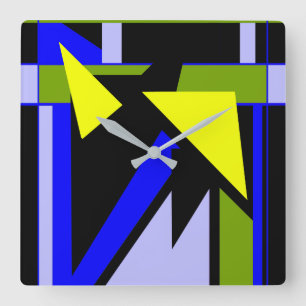Relógio Quadrado Formas Geométricas Verde Amarelo Azul