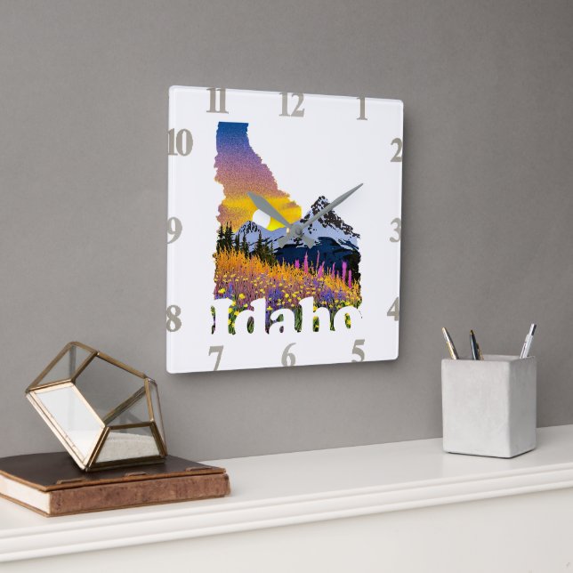 Relógio Quadrado Formato de Idaho com montanha e flores silvestres (Escritório)