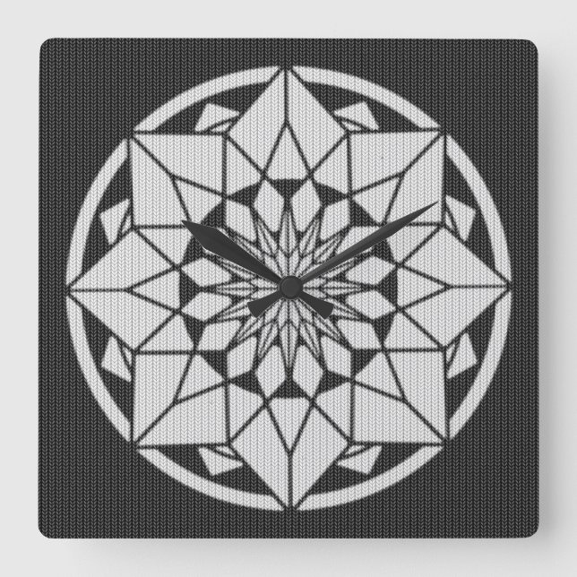 Relógio Quadrado Formigueiro de Star Mandala preto e branco (Frente)