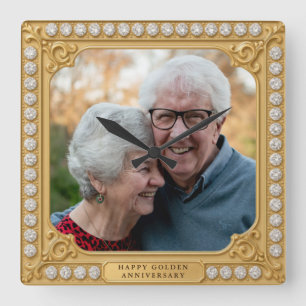 Relógio Quadrado  Foto de 50º Aniversário em Ouro e Diamantes Elega