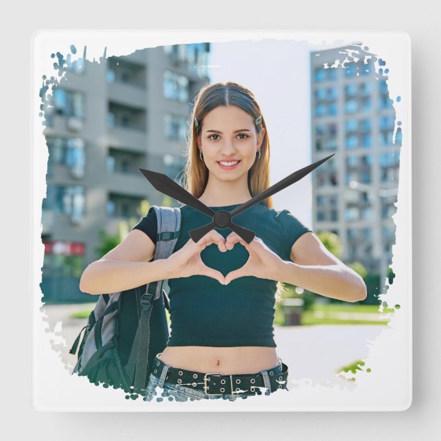 Relógio Quadrado Foto de Borda Grunge Moderna (Frente)