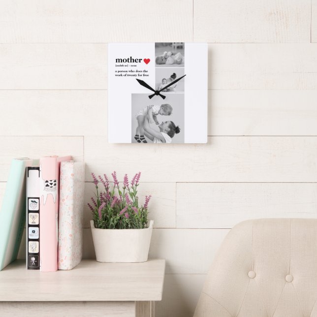 Relógio Quadrado Foto de Colagem Moderna e Texto Vermelho Doente Mã (Sala de leitura)