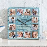 Relógio Quadrado Foto de Cotação Familiar Colagem Rustic Blue Wood<br><div class="desc">Crie facilmente o seu próprio relógio de parede, ao estilo da casa do lago, rústico e azul, com as suas fotos personalizadas. A design também apresenta uma bela citação manuscrita: "Juntos temos tudo". Para obter os melhores resultados, recorte as imagens para o quadrado - com o ponto de foco no...</div>