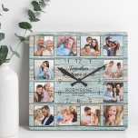 Relógio Quadrado Foto de Cotação Familiar Colagem Rustic Blue Wood<br><div class="desc">Crie facilmente o seu próprio relógio de parede, ao estilo da casa do lago, rústico e azul, com as suas fotos personalizadas. A design também apresenta uma bela citação manuscrita: "Juntos temos tudo". Para obter os melhores resultados, recorte as imagens para o quadrado - com o ponto de foco no...</div>