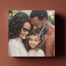 Relógio Quadrado Foto de Família com Sobreposição de Roteiro Elegan