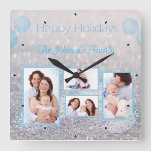 Relógio Quadrado FOTO de Natal da família Snowy
