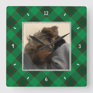 Relógio Quadrado Foto de Natal Personalizada - Xadrez Vermelha e Ve