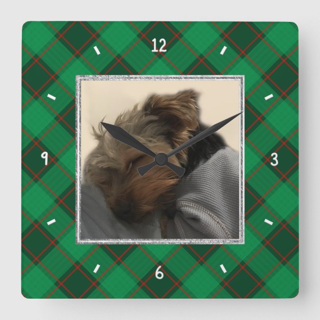 Relógio Quadrado Foto de Natal Personalizada - Xadrez Vermelha e Ve (Frente)