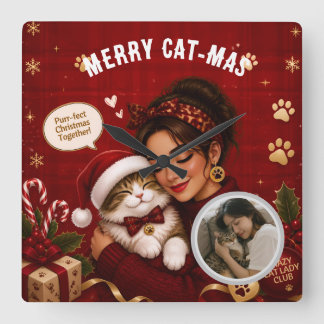 Relógio Quadrado Foto de Natal Vermelho Alegre e Fofa do Gato