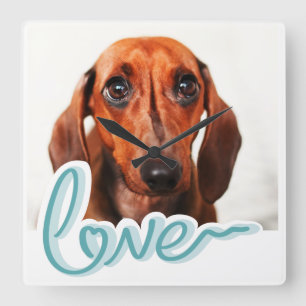Relógio Quadrado Foto de Pet Personalizada com LOVE em Tipografia A