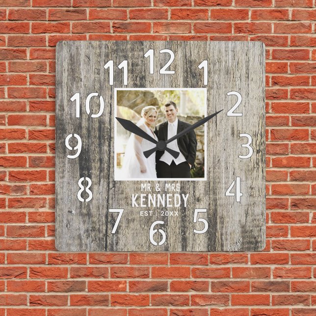 Relógio Quadrado Foto do Aniversário de Casamento de 5 de Madeira R (Rustic Wood 5th Wedding Anniversary Photo Square Wall Clock
)