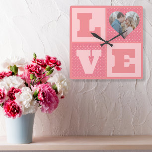 Relógio Quadrado Foto do Casal de amor Corações Rosa Dias de os nam