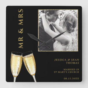 Relógio Quadrado Foto Elegante, Champanhe De Casamento
