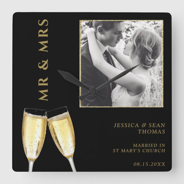 Relógio Quadrado Foto Elegante, Champanhe De Casamento (Frente)