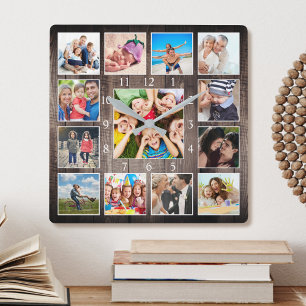 Relógio Quadrado Foto Personalizada Colagem Farmhouse Rustic Family