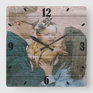 Relógio Quadrado Foto personalizada com efeito de madeira rústica
