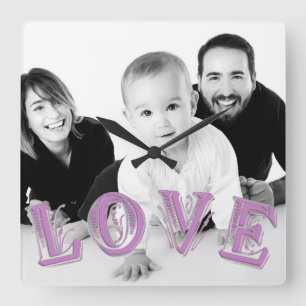 Relógio Quadrado Foto personalizada com sobreposição de tipografia 