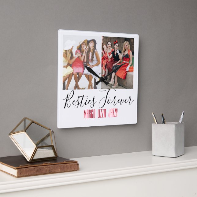 Relógio Quadrado Foto personalizada de amizade divertida (Escritório)