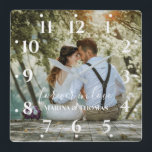Relógio Quadrado Foto personalizada de casamento com caligrafia mod<br><div class="desc">O design tem um quadro retangular branco no lado inferior e textos de caligrafia modernos que podem ser personalizados de acordo com sua preferência. Substitua a foto no centro por sua própria foto de casamento. Vai fazer um adorável costume de presentes de casamento para seus hóspedes ou para seu próprio...</div>