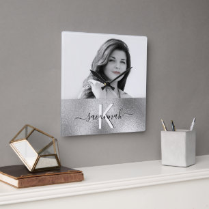 Relógio Quadrado Fotografia personalizada com o nome prateado do sc