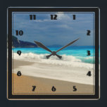 Relógio Quadrado Fotografia tropical do Mar Azul, Belo Turquesa<br><div class="desc">Um relógio com uma bela fotografia com um mar azul turquesa e uma praia arenosa com ondas de surf de espuma.</div>