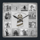 Relógio Quadrado Fotos Brancas Náuticas Da Madeira Rústica De Farol<br><div class="desc">Este design de farol náutico apresenta um fundo de madeira de cinza meteorizada com espaço para 12 fotos, todas exibidas em preto e branco! Clique no botão personalizar para obter mais flexibilidade na modificação/adição de texto e elementos de design! No nosso compro, estão disponíveis variantes desta design, bem como produtos...</div>