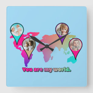 Relógio Quadrado Fotos personalizadas de bebê coloridas no mapa do
