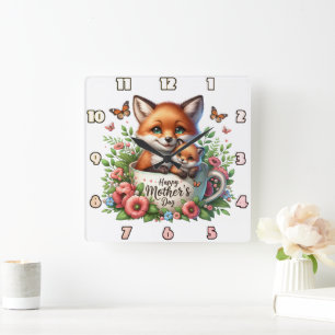 Relógio Quadrado Fox Mãe: Cubo, Flores, Dia de as mães
