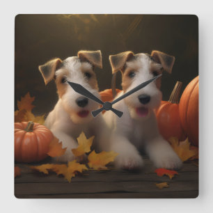 Relógio Quadrado Fox Terrier Puppy Autumn Delight Pumpkin