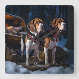 Relógio Quadrado Foxhound Inglês Americano Snowy Sleigh Natal