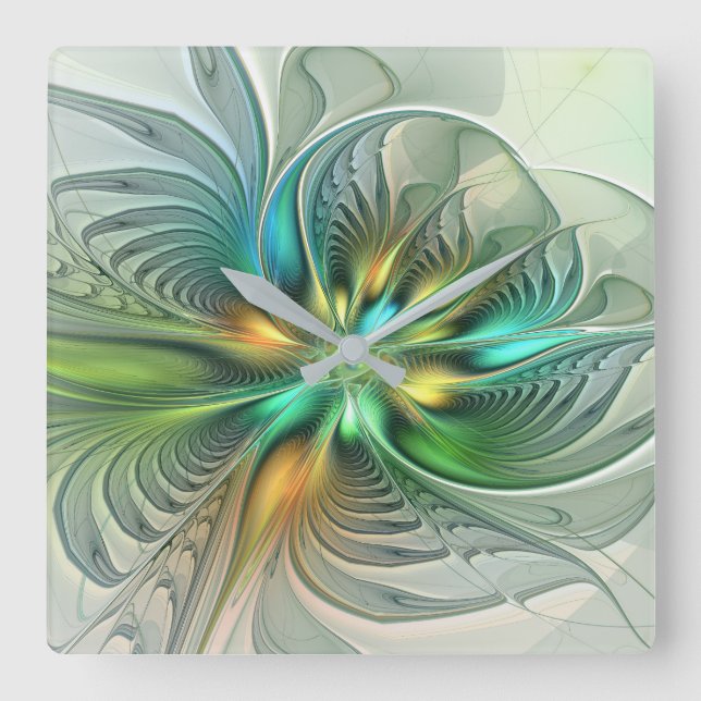 Relógio Quadrado Fractal de Flor Abstrato moderna fantasia colorida (Frente)