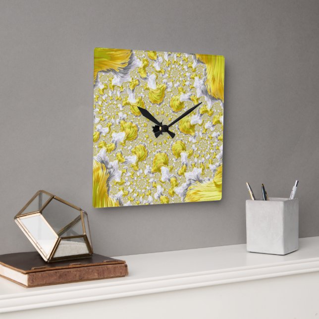 Relógio Quadrado Fractal Dourado abstrato (Escritório)